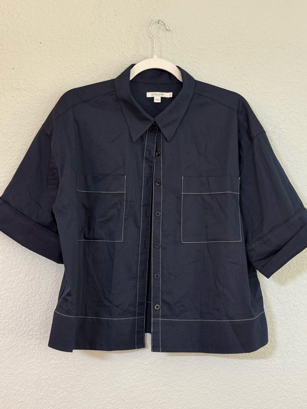 Chico's Navy Short-Sleeve Boxy Shirt Jacket with Contrast Topstitching